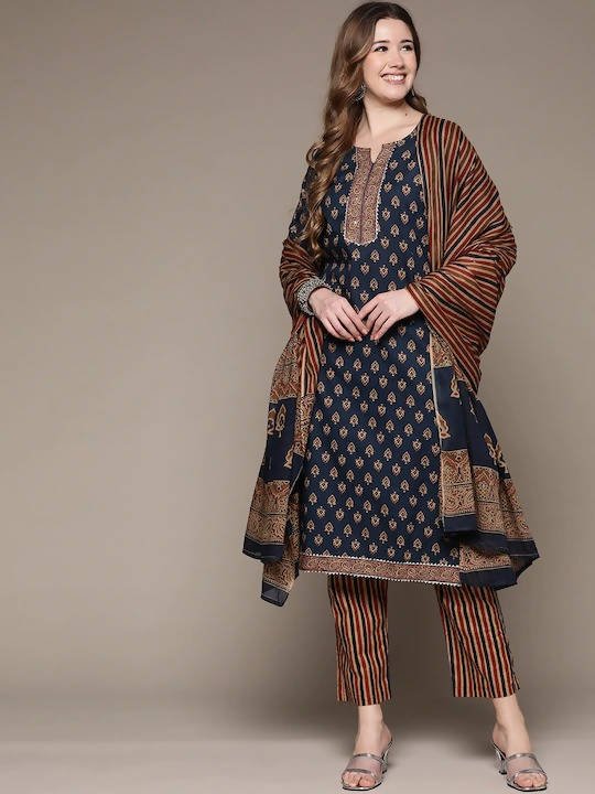 Anubhutee Navy Blue Printed Gotta Patti Pure Cotton Kurta with Trousers & Dupatta - Distacart