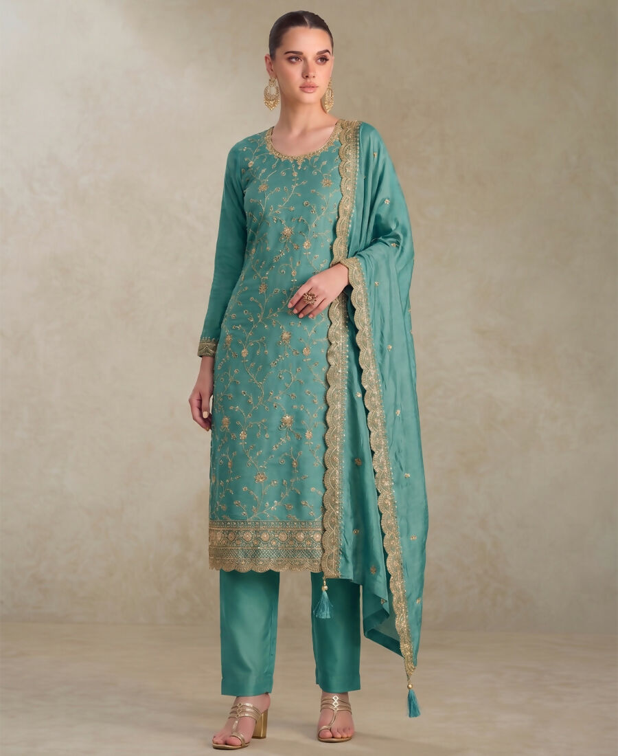 KC Sky Blue Silk Straight Suit For Women Heavy Embroidery Work - Dista