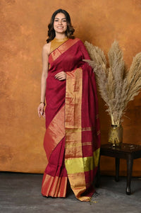 Thumbnail for Very Much Indian Handloom Pure Cotton Linen Saree With Golden Border - Maroon - Distacart