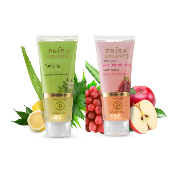 Prisa Organics Neem & Aloevera Purifiying Face Wash & Grapes Wine Skin Brightening Face Wash Combo - Distacart