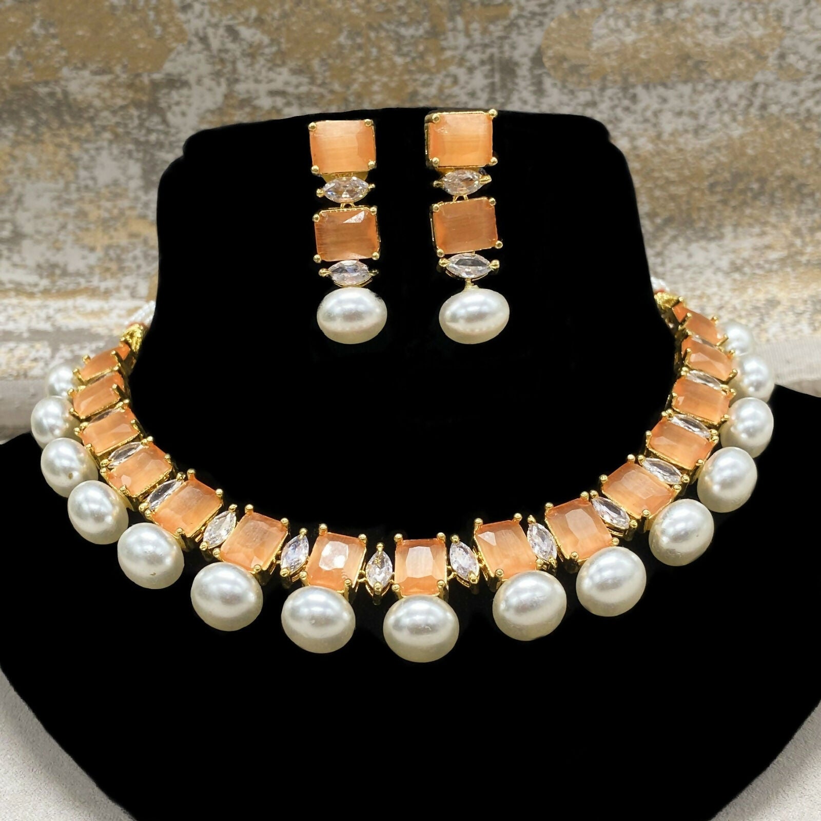 Orange Partywear American Diamond Necklace Set For Women By House of Ree - Distacart