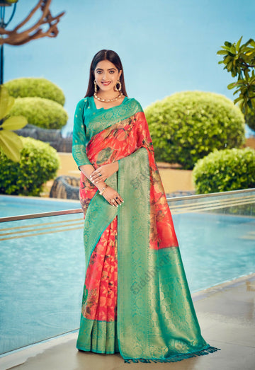 Exclusive Collection Wedding Red Green Collection Banarasi Silk Saree With Rich Pallu - Dista