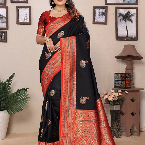Joban Fashion Banarasi Black Small Butti Soft Silk Saree - Distacart