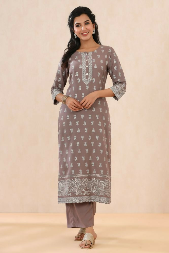 Juniper Grey Ethnic Motif Printed Rayon Kurta With Buttons - Distacart