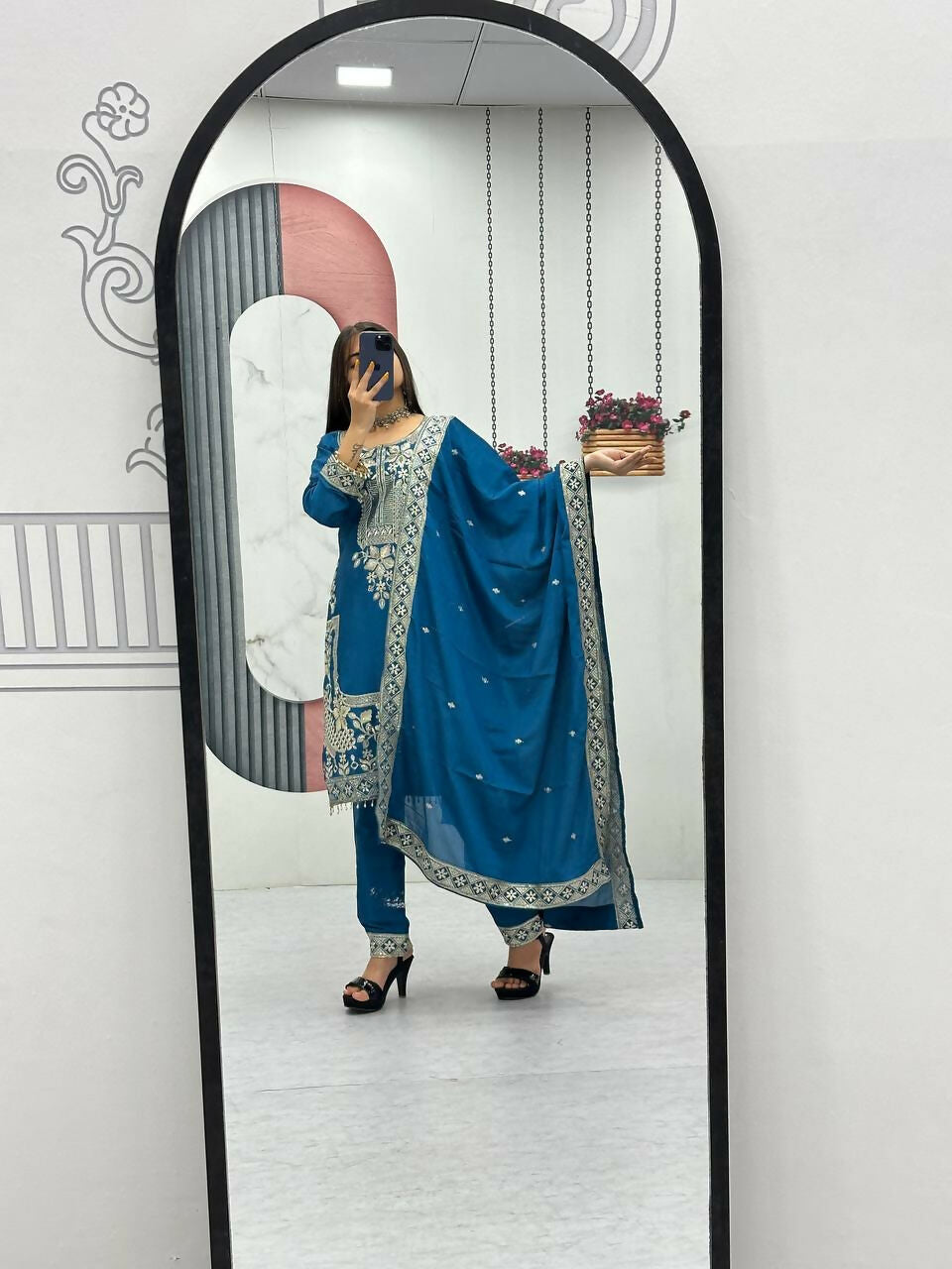 Teeya Creation Womens New Wedding Wear Heavy Embroidery Thread Work Teal Kurta Set - Dista
