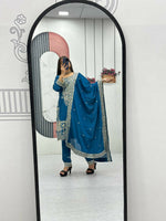 Thumbnail for Teeya Creation Womens New Wedding Wear Heavy Embroidery Thread Work Teal Kurta Set - Dista