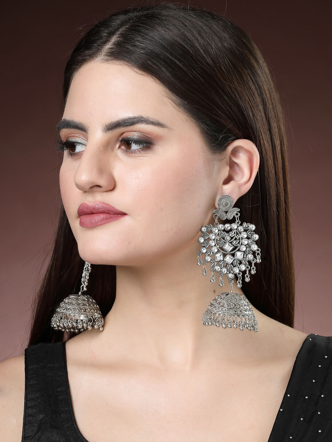 NVR Women's Silver-Plated Oxidised Artificial Stones Dome Shaped Jhumka Earrings - Distacart