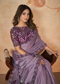 Thumbnail for Purple Crepe Satin Silk Sequence & Cord Embroidered with Stone Work Saree - Mohmanthan Dakshika - Distacart