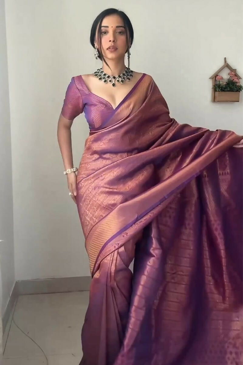Malishka litchi Silk Jacquard Ready To Wear Saree With Blouse Piece - Majenta - Distacart