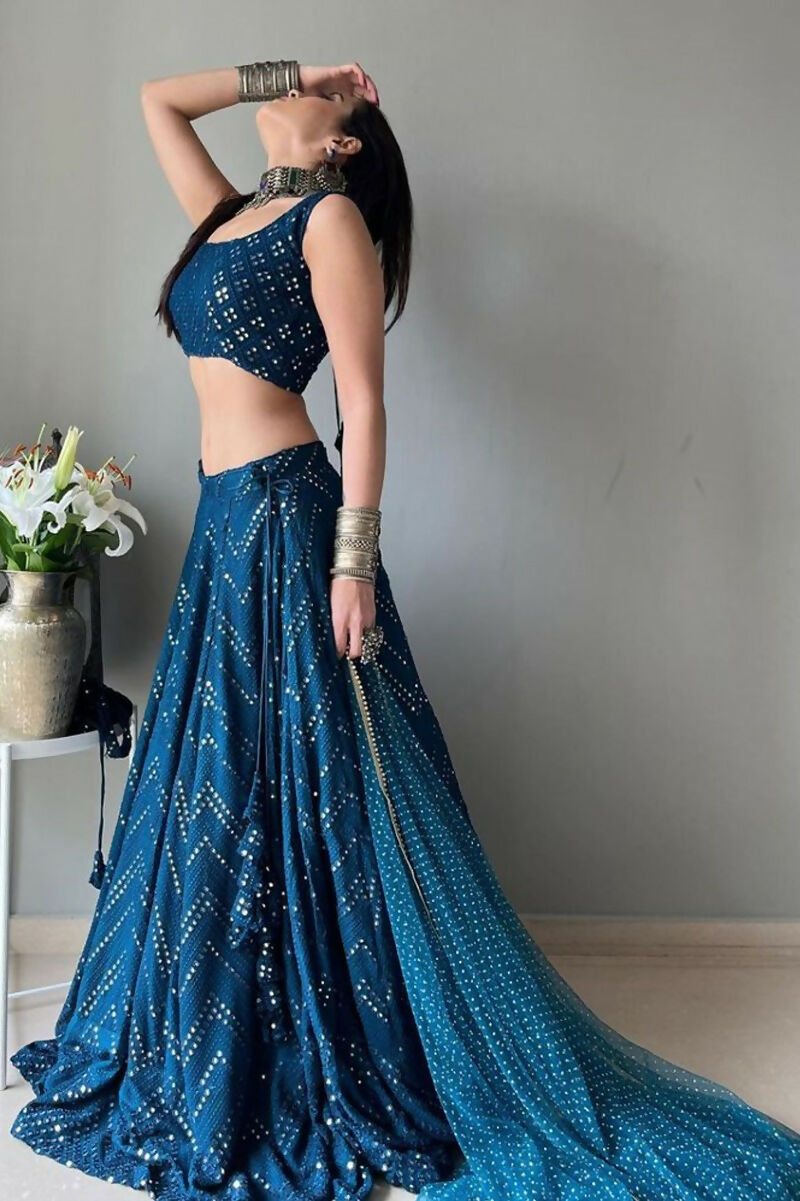 Jyoti Fashion Blue Thread Embroidery Georgette Designer Lehenga Choli with Dupatta - Distacart
