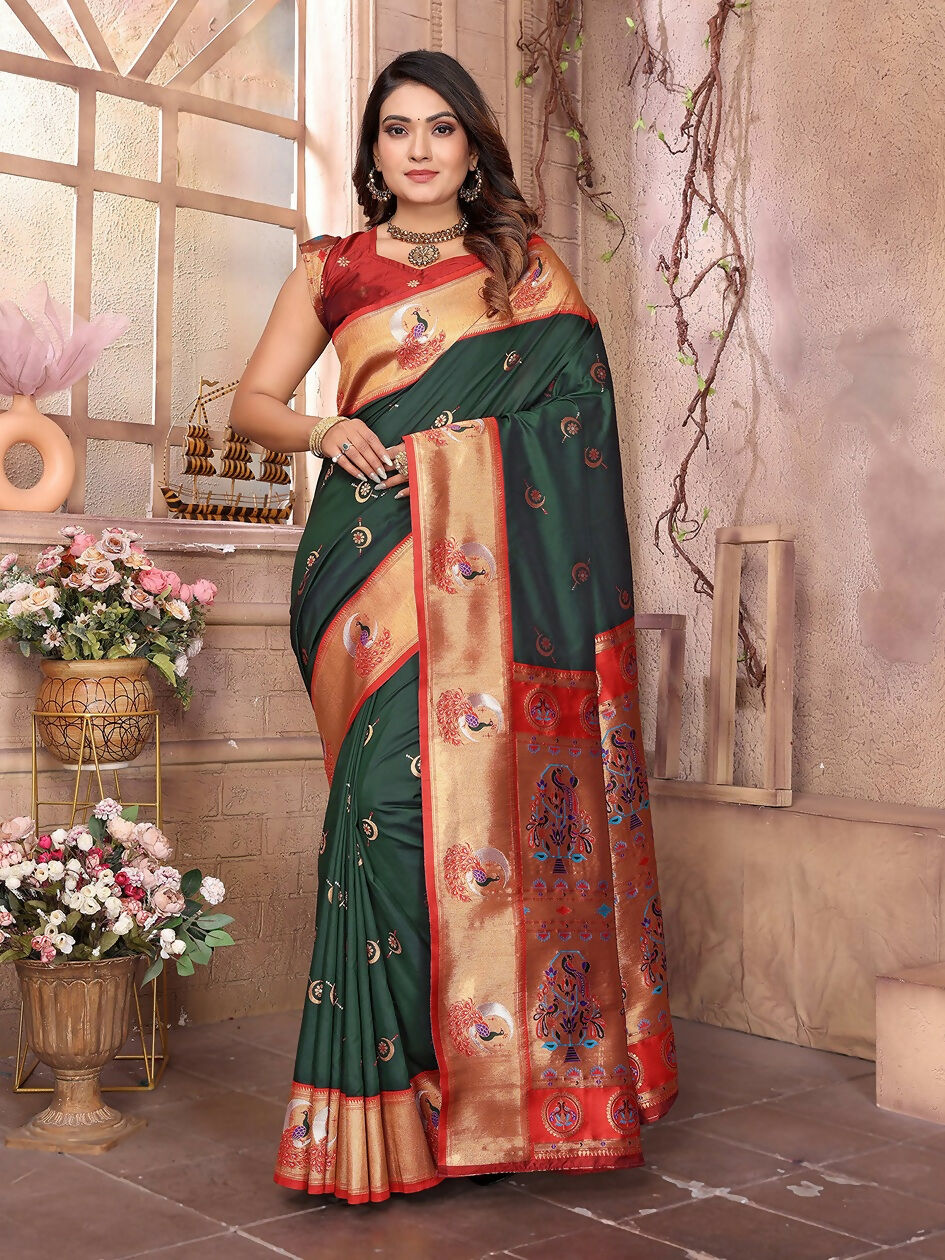 Joban Fashion Paithani Dark Green Woven Soft Silk Saree