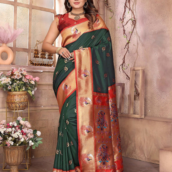 Joban Fashion Paithani Dark Green Woven Soft Silk Saree - Distacart
