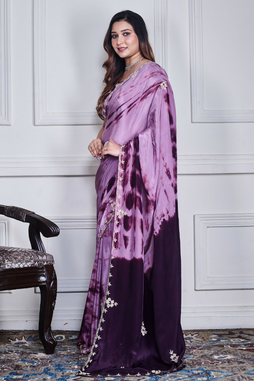 Morchari Wine Crepe Hand Embroidery Saree And Stitched Blouse - Distacart