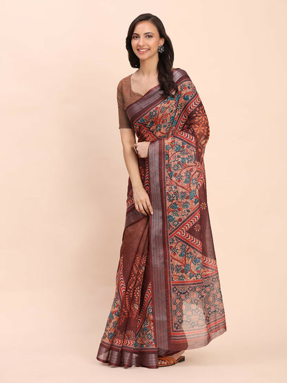 Shree Shyam Fashion Linen Cotton Brown Saree - Distacart