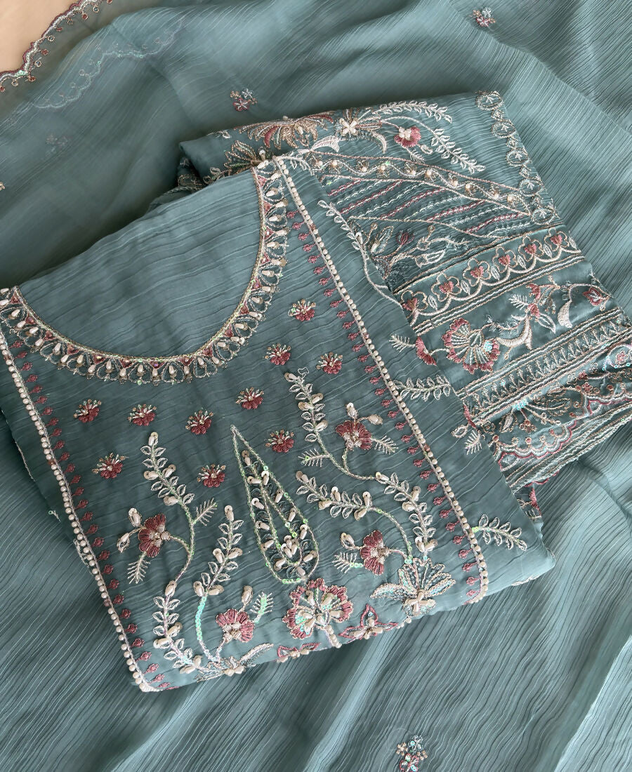 KC Beautiful Sky Blue Chiffon Silk Hand Embroidery Suit For Women - Dista