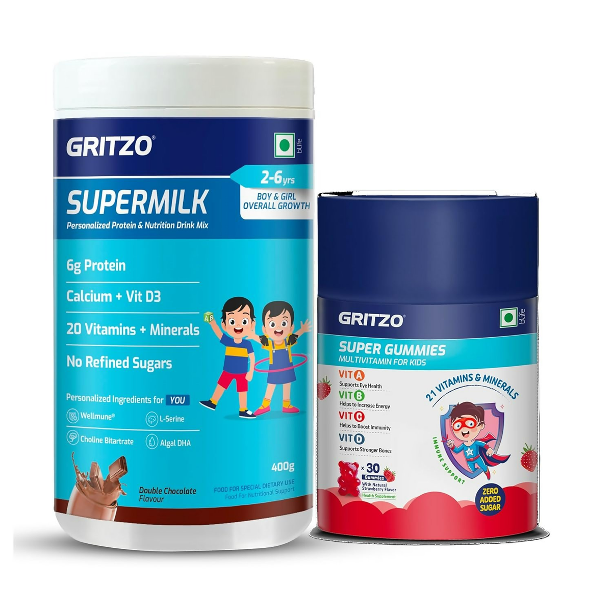 Gritzo SuperMilk Overall Growth (2-6y Boy & Girl) (Double Chocolate) with Super Gummies (Strawberry) - Distacart