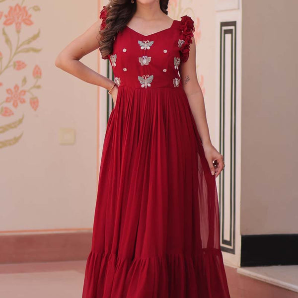 Prazu Fashion Maroon Georgette Embroidered Designer Gown