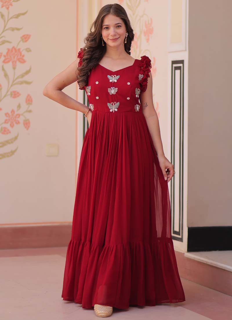 Prazu Fashion Maroon Georgette Embroidered Designer Gown - Distacart