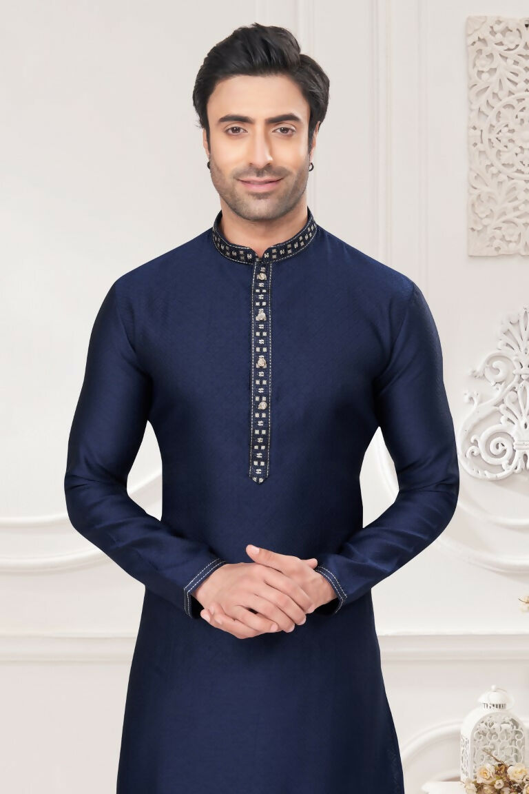 Functional Designer Men's Blue Jacquard Kurta With Pant - Rudra - Distacart