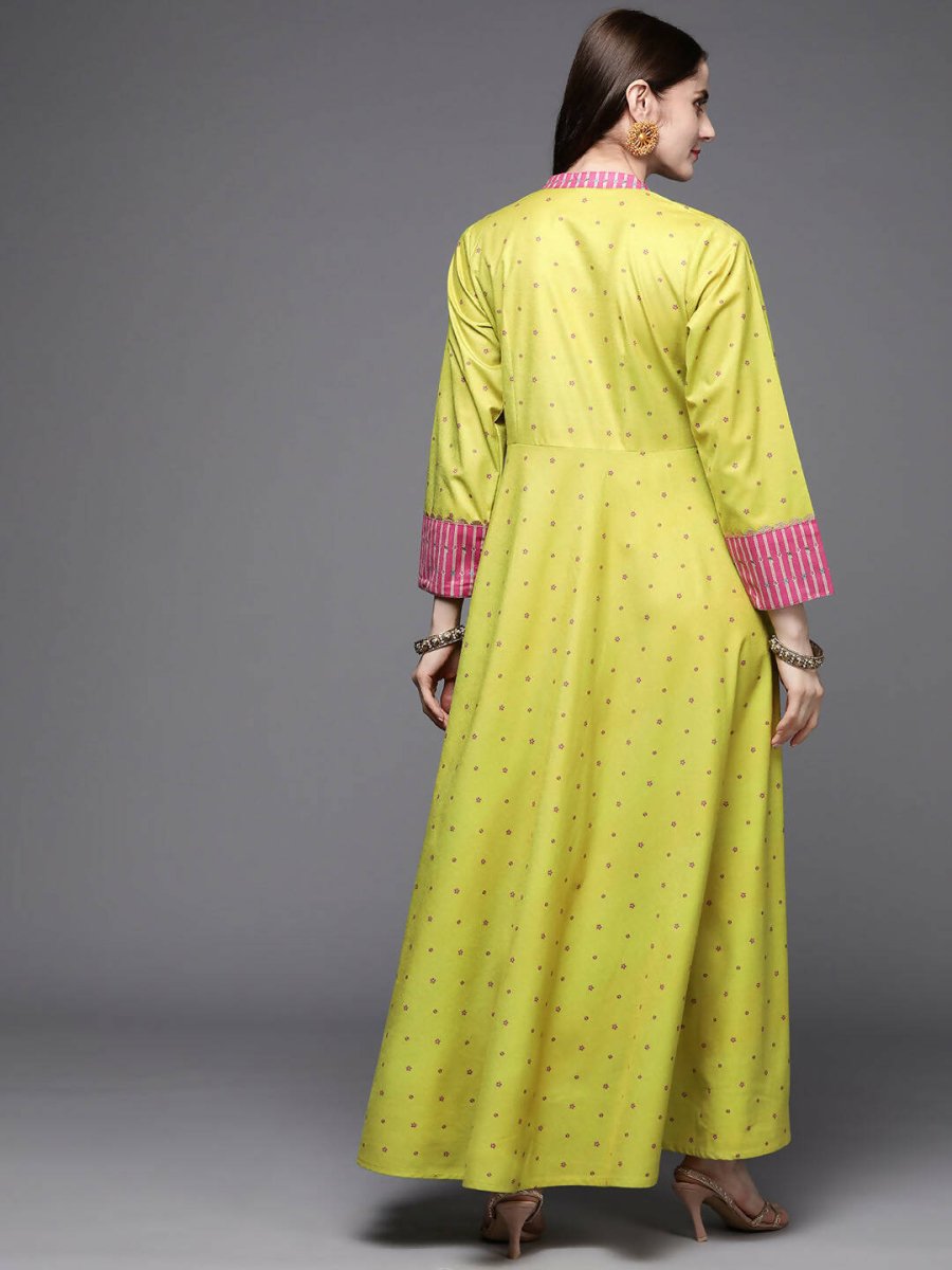 Ahalyaa Women Lime Yellow & Pink Printed Pleated A-Line Maxi Ethnic Dress - Distacart