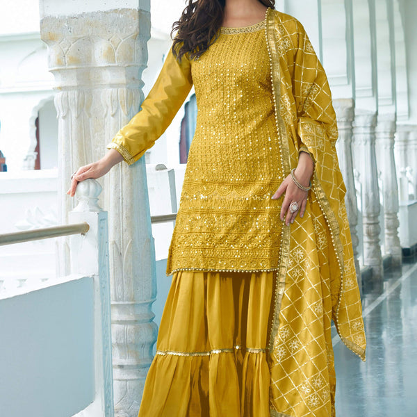 Teeya Creation Yellow Color Chinon Silk Heavy Embroidery Work Fully Stitched Salwar Suit