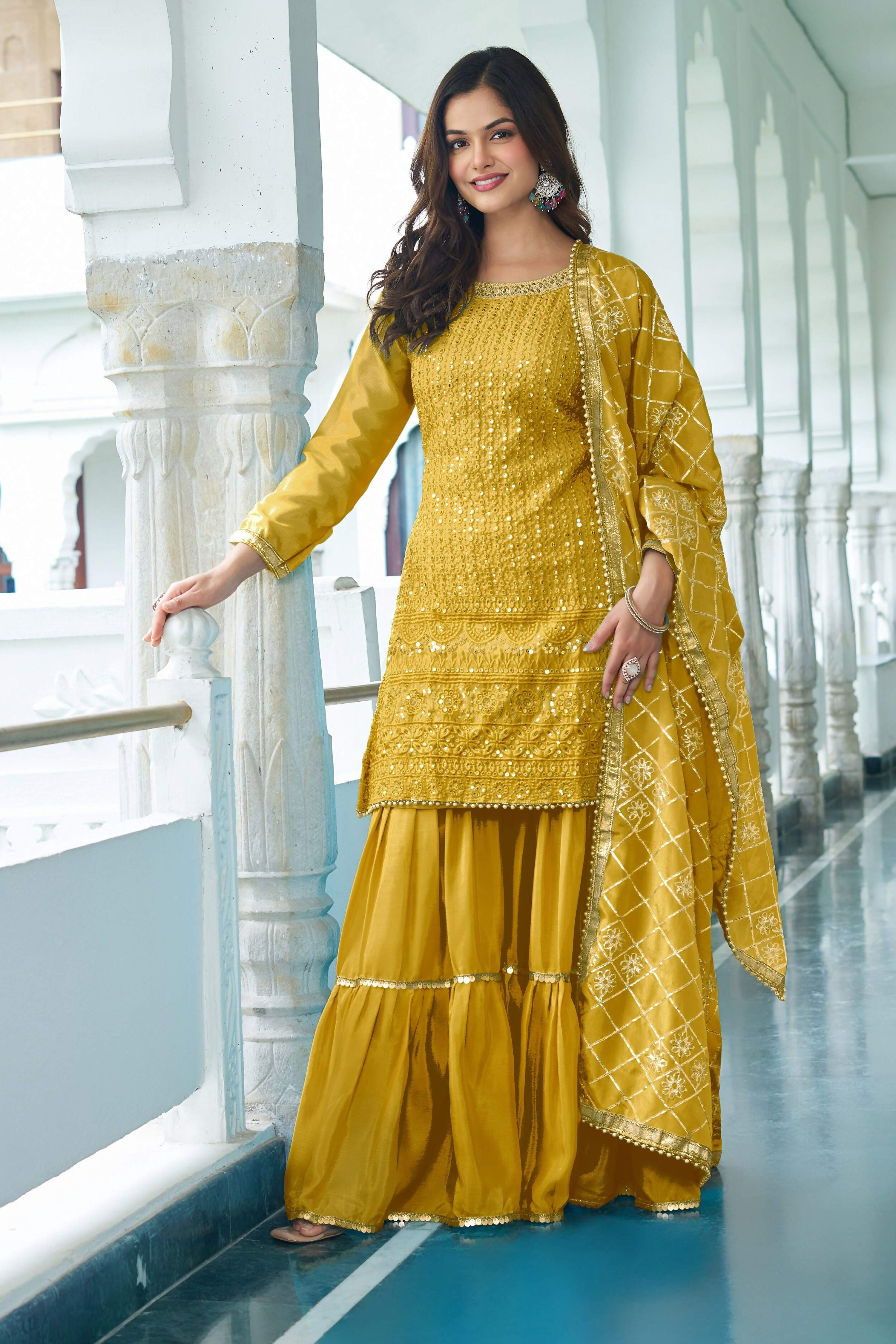 Teeya Creation Yellow Color Chinon Silk Heavy Embroidery Work Fully Stitched Salwar Suit