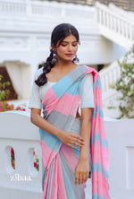 Thumbnail for Zibaa Hand-Dyed Mul Cotton Striped Saree with Tassels