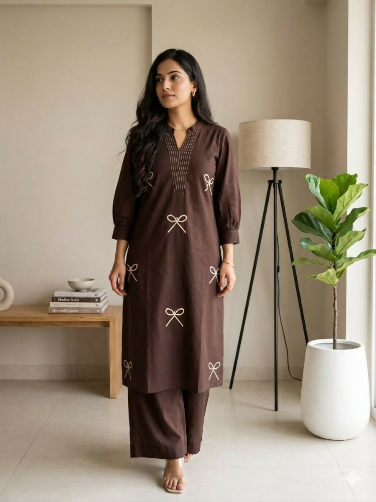 Teeya Creation Women New Trendy Chocolate Brown Embroidered Cotton Kurta with Palazzos - Dista