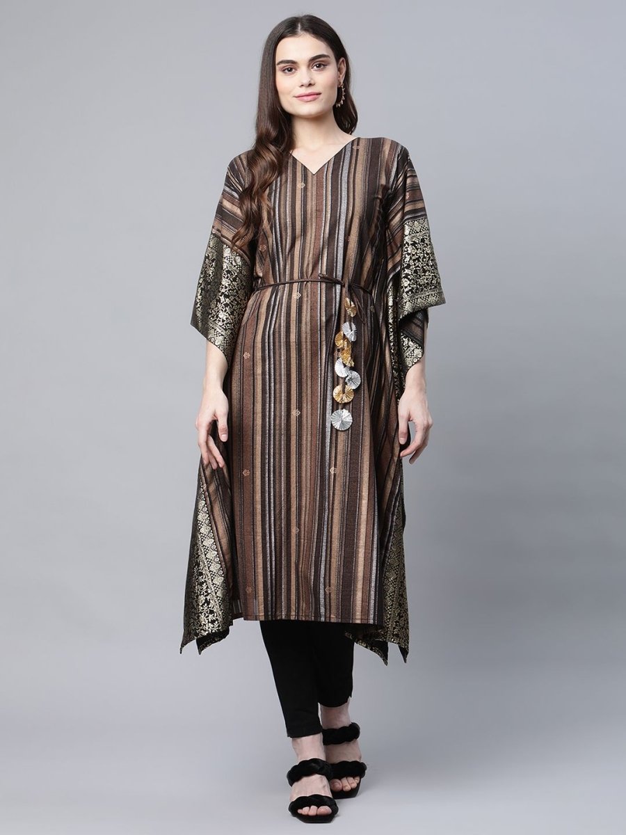 Ahalyaa Women Brown Georgette Gold Silver Printed Kaftan Kurta - Distacart
