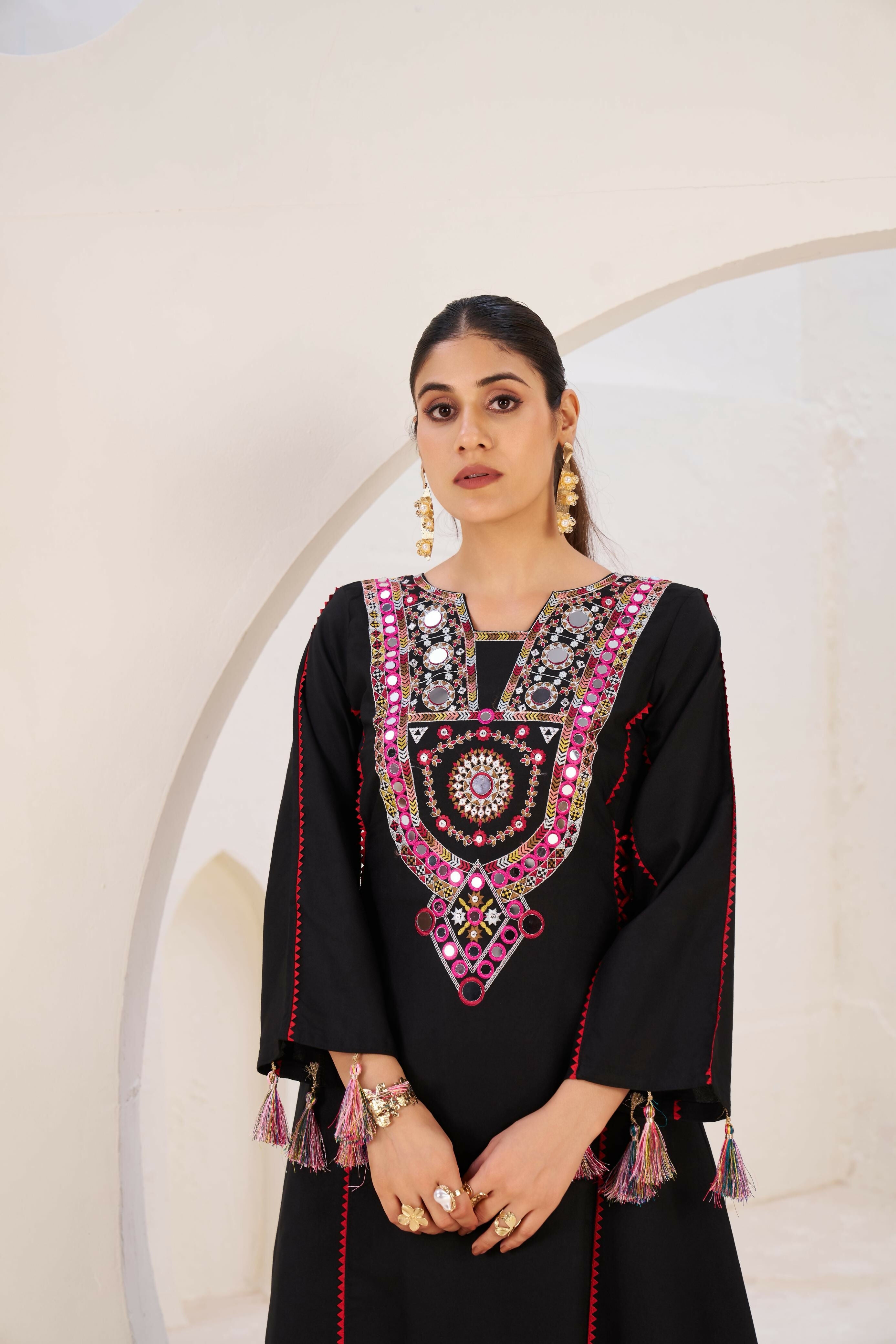 Joban Fashion Black Palazzo Rayon Coding Dori with Sequence with Rivet Moti