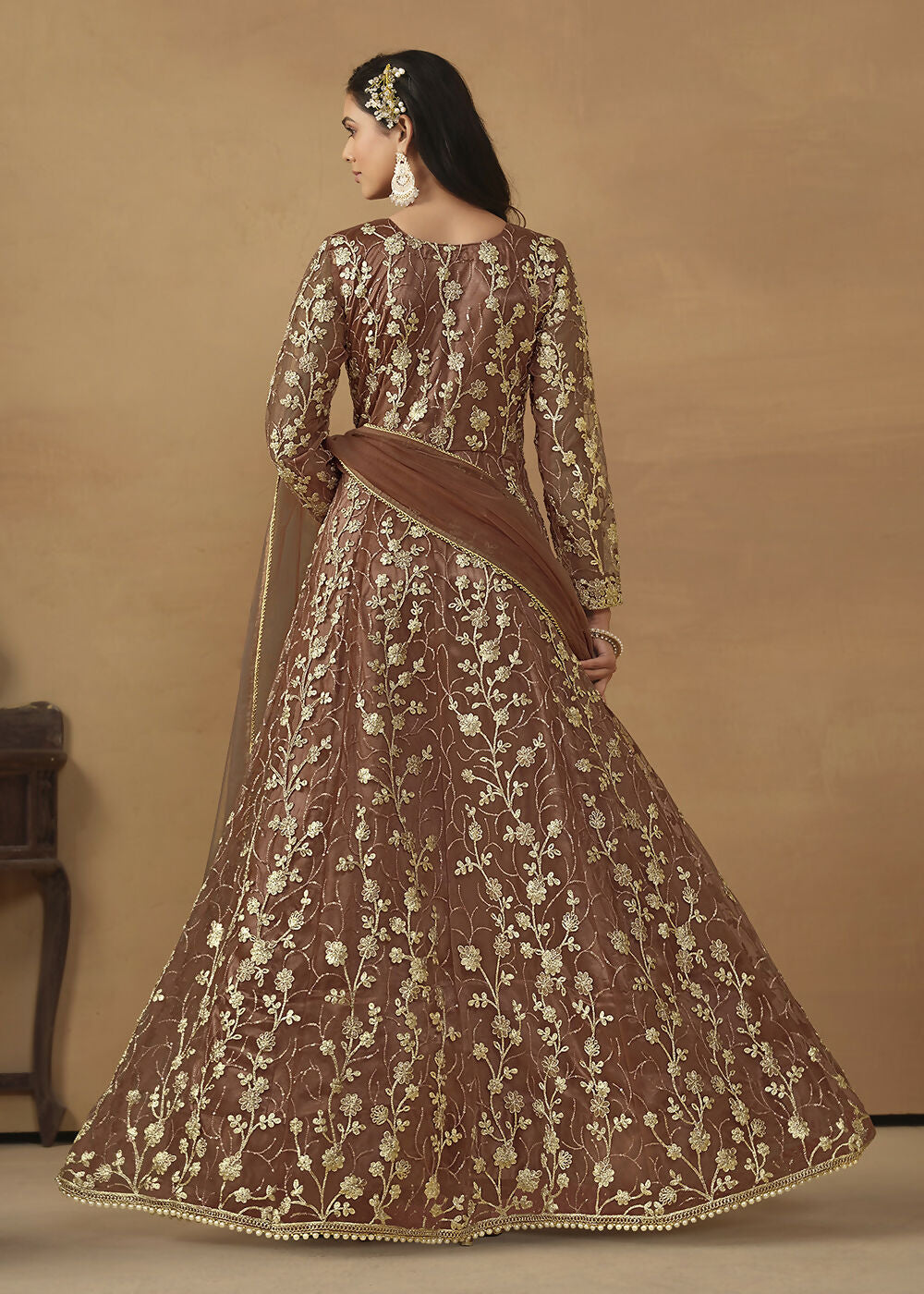 Pant Style Snuff Brown Embroidered Net Wedding Anarkali Suit - Emponline - Distacart