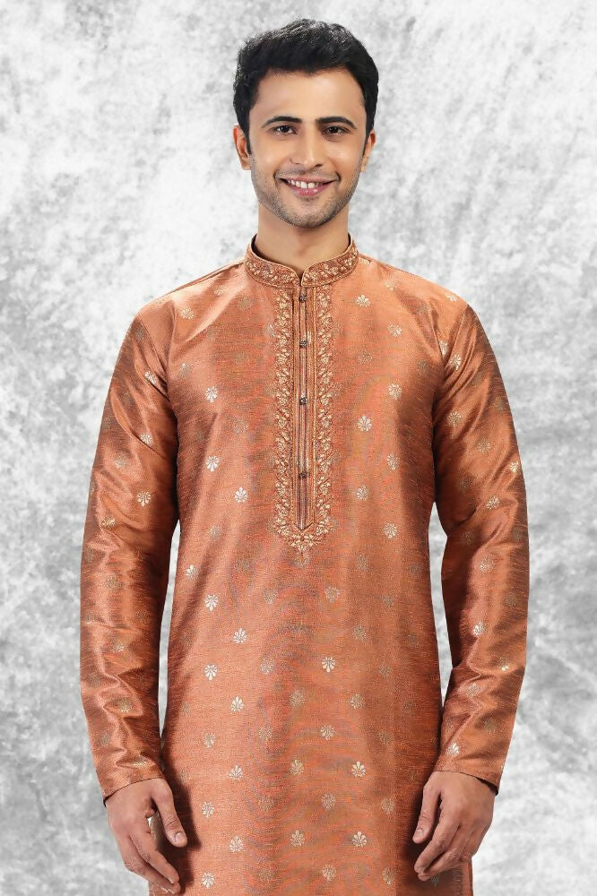 Raivat Ethnic Jacquard Silk Brocade Thread Work Kurta Pajama In Rust Brown Colour - Distacart