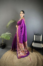 Thumbnail for Joban Fashion Purple Butti Woven Soft Lichi Silk Paithani Saree - Distacart