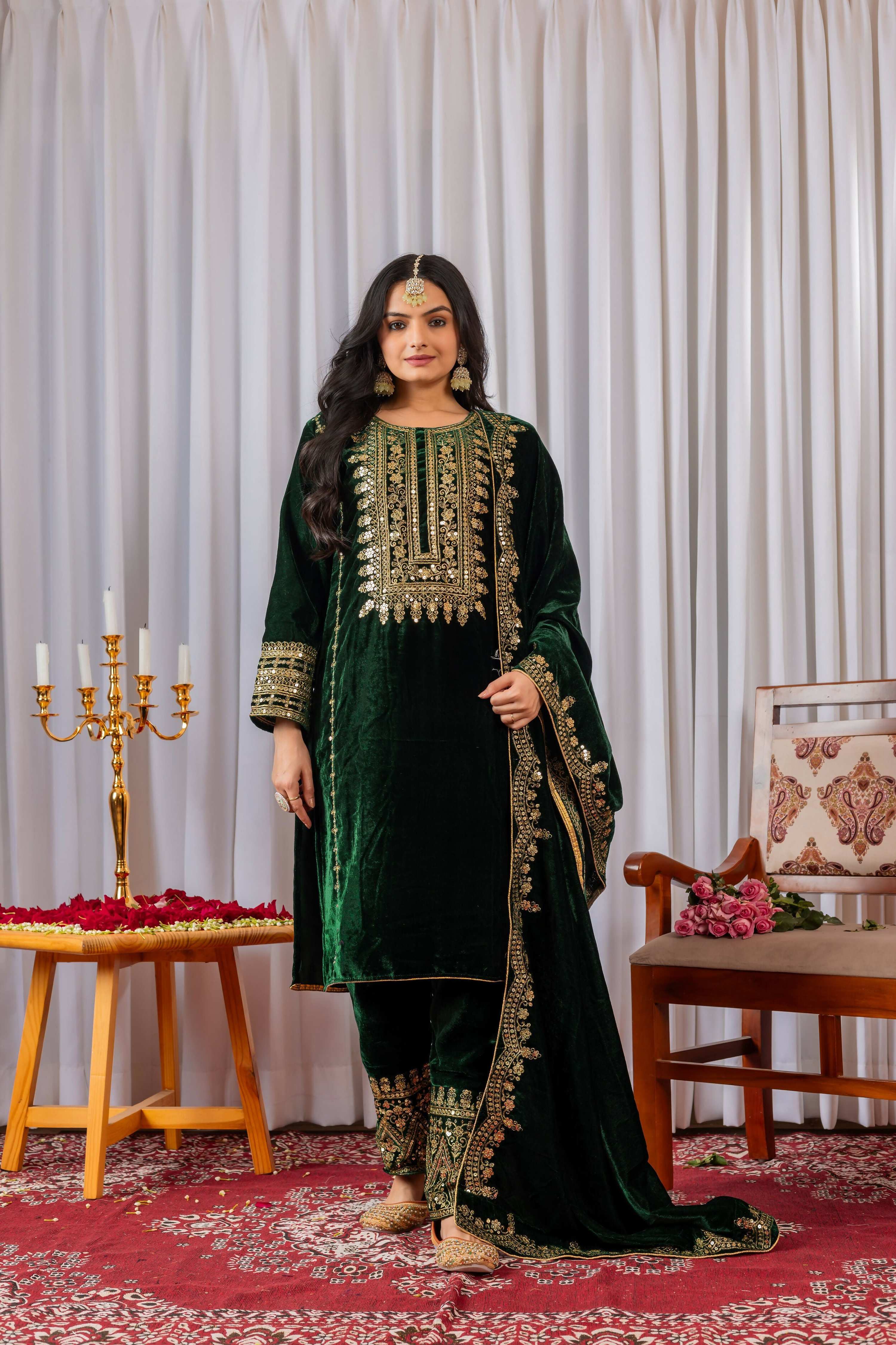 Teeya Creation Green Color Velvet Designer Embroidery Work party Wear Suit