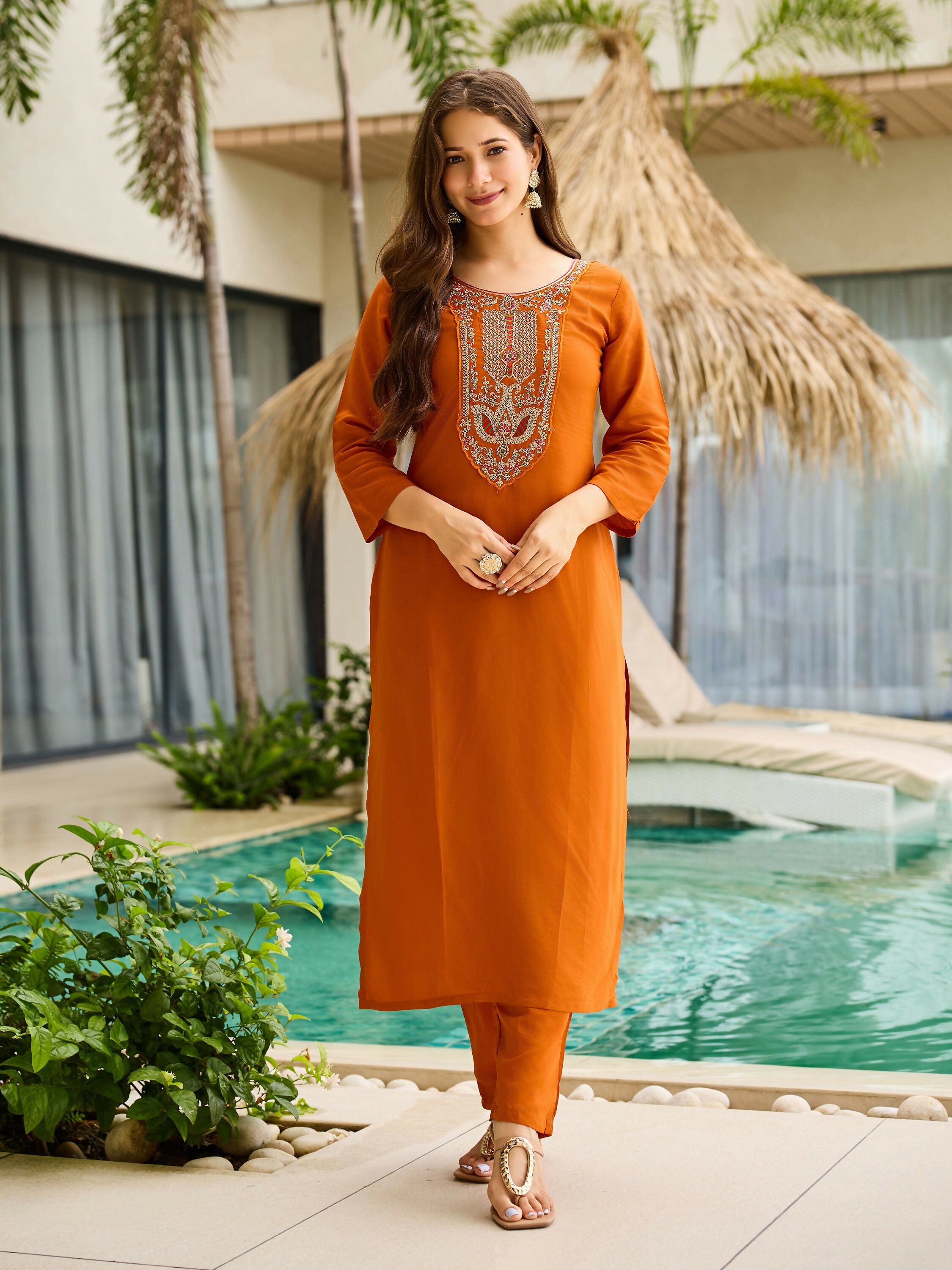 The52 Rust Women's Gorgeous Embroidered work Rayon Fabric Straight Kurta, Pant and Dupatta Set