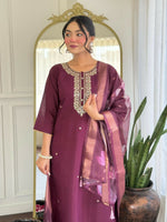 Thumbnail for The52 Wine Women's Gorgeous Rayon Fabric Embroidered Work Straight Kurta Pant and Dupatta Set - Distacart