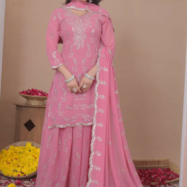 Teeya Creation Baby Pink Color Faux Georgette Wedding Wear Trending Palazzo Set - Distacart
