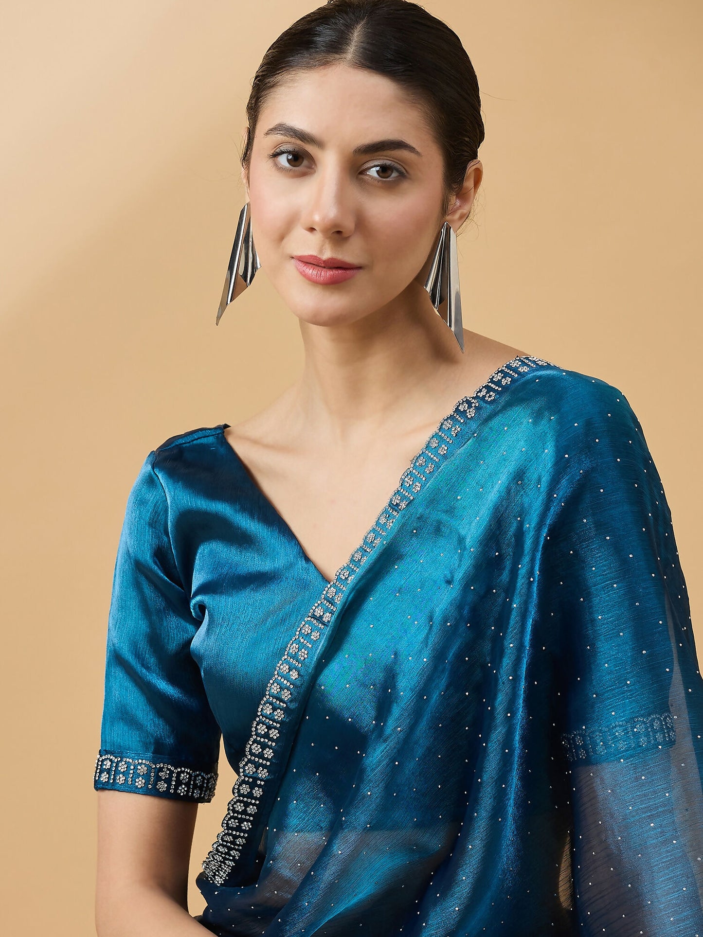 Teal Organza Swaroski Diamond Work Saree with Unstitched Blouse - Radha - Distacart