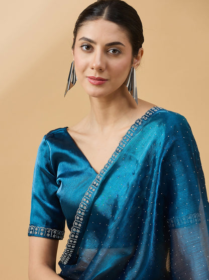 Teal Organza Swaroski Diamond Work Saree with Unstitched Blouse - Radha - Distacart