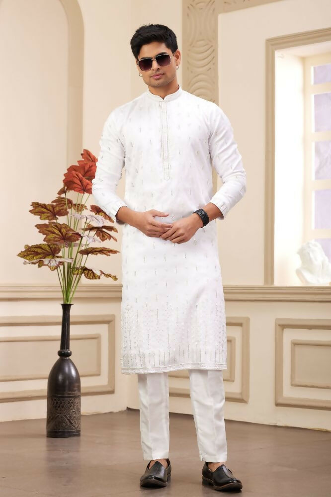 Raivat Ethnic Art Silk Thread Work Kurta Pajama In Off White Colour
