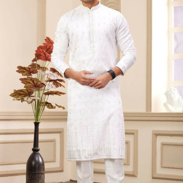 Raivat Ethnic Art Silk Thread Work Kurta Pajama In Off White Colour