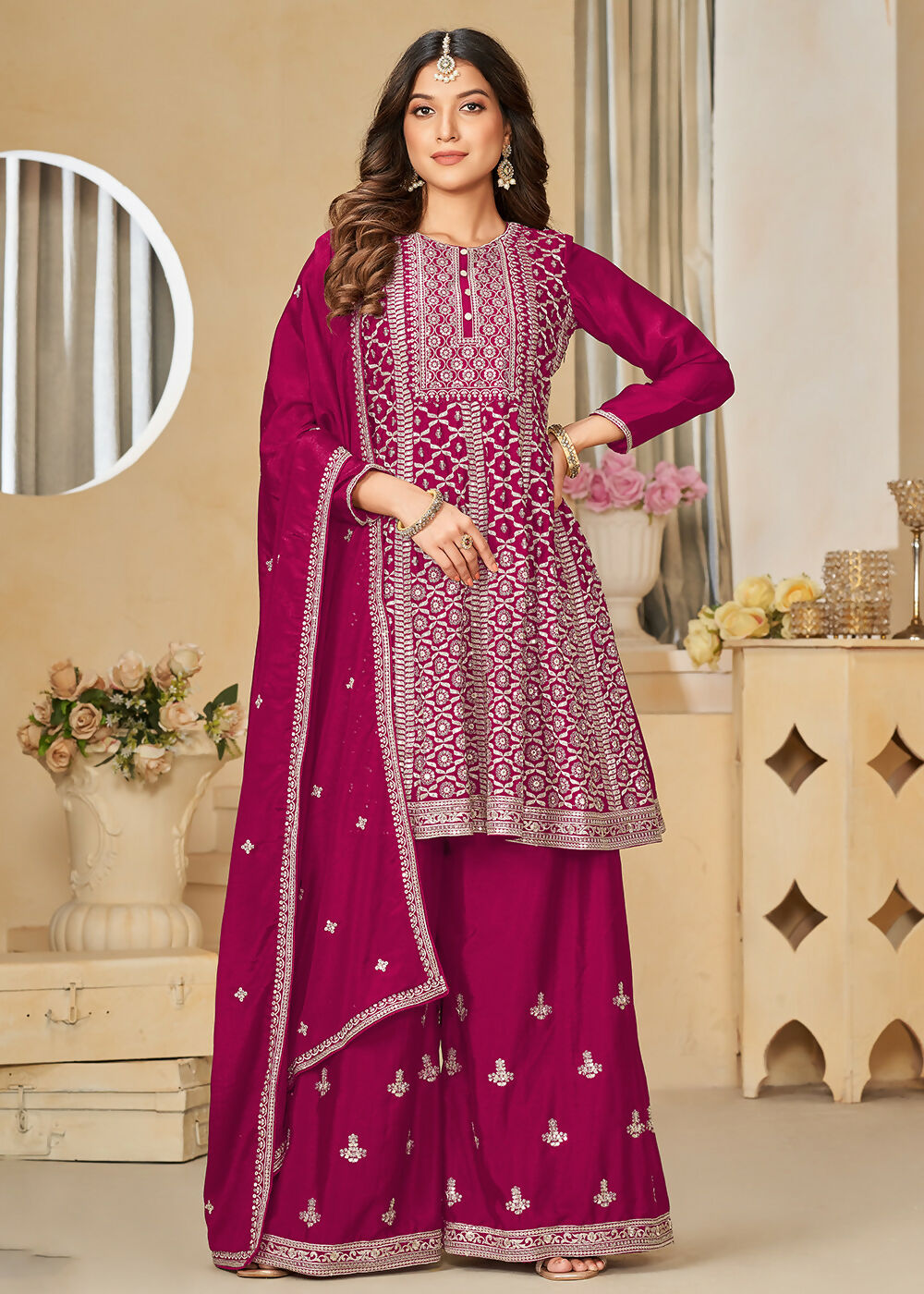 Chinnon Rani Pink Embroidered Palazzo Salwar Suit - Emponline - Distacart