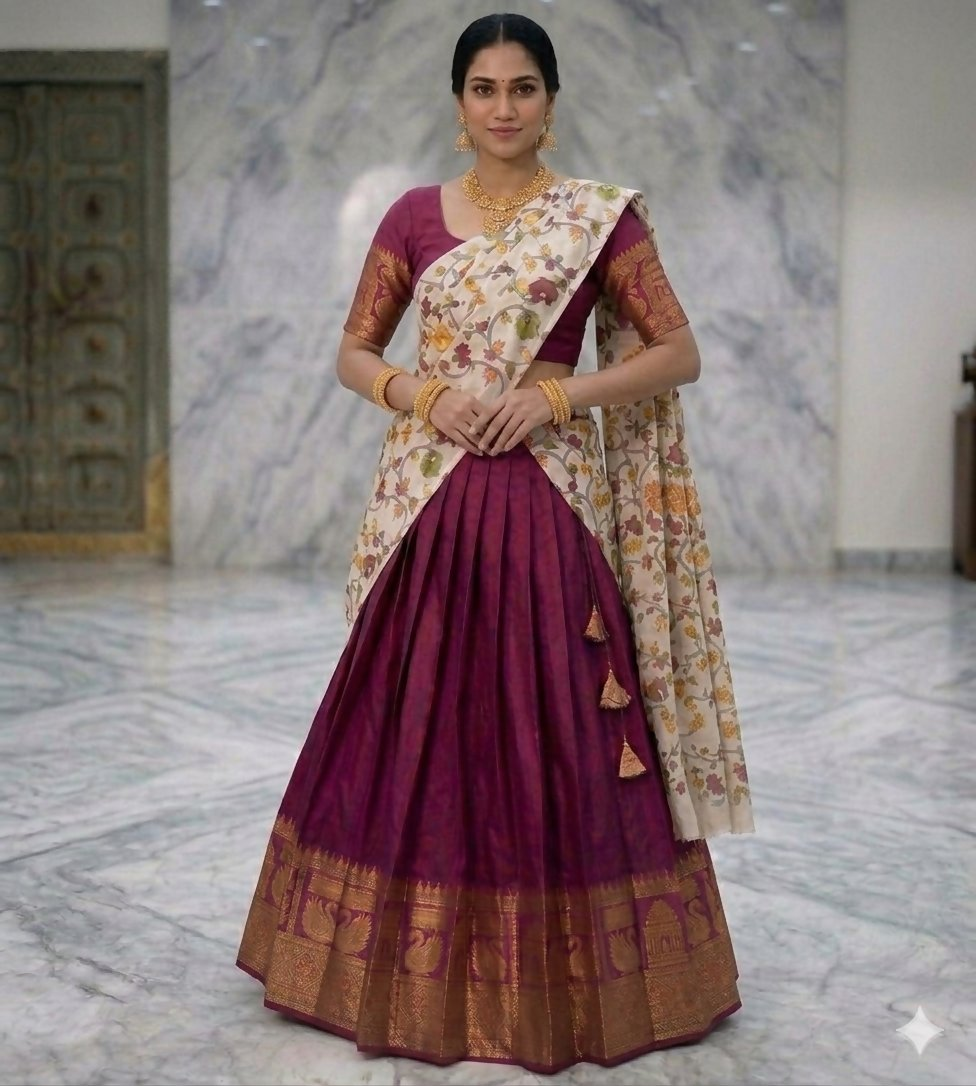 Teeya Creation Womens New Trendy Wine Traditional Pleated Lehenga Choli Set with Floral Printed Dupatta and Contrast Zari Border Set - Dista