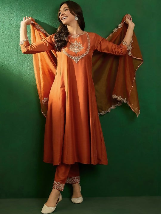 The52 Women's Beautiful Vichitra Fabric Embroidery Work Flared Anarkali Pant and Dupatta Set - Distacart