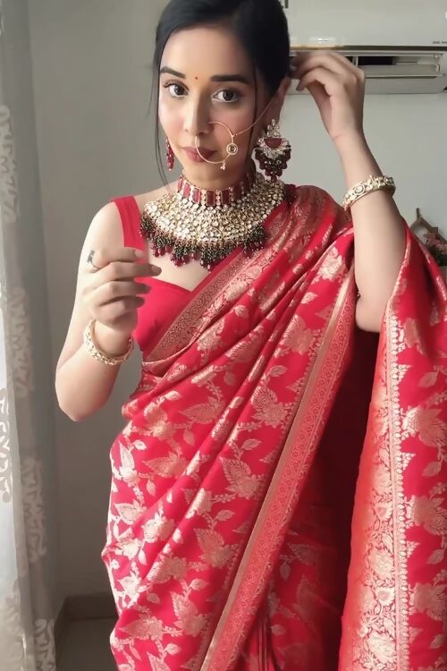 Malishka litchi Silk Jacquard Ready To Wear Saree With Blouse Piece - Red - Distacart