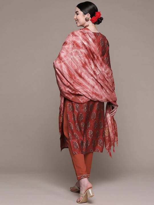 Anubhutee Maroon Ethnic Motifs Printed Thread Work Pure Cotton Kurta with Trousers & With Dupatta - Distacart