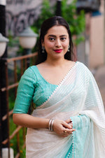 Thumbnail for Green Poly Chiffon Striped Saree with Unstitched Blouse - A2M