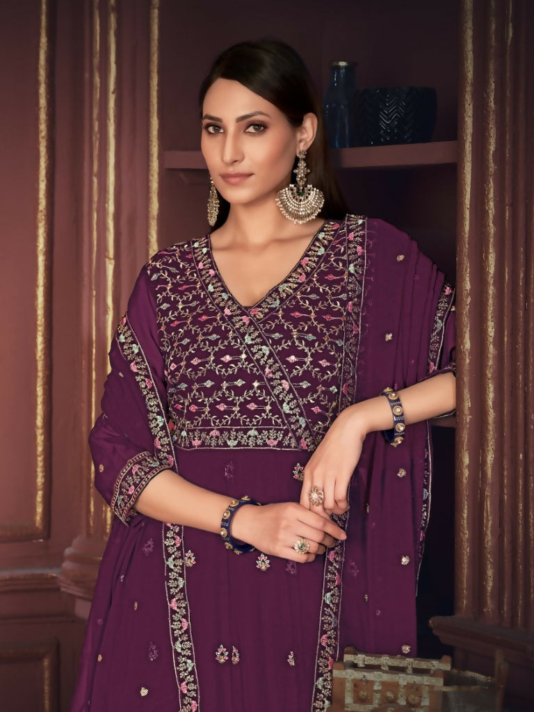 Jyoti Fashion Women's Purple Georgette Embroidered Anarkali Kurta Pant Set With Dupatta - Distacart