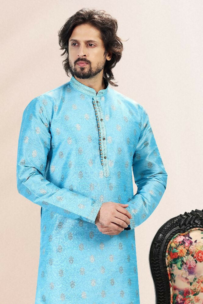 Raivat Ethnic Jacquard Banarasi Silk Pintux Work Kurta Pajama In Blue Colour - Distacart