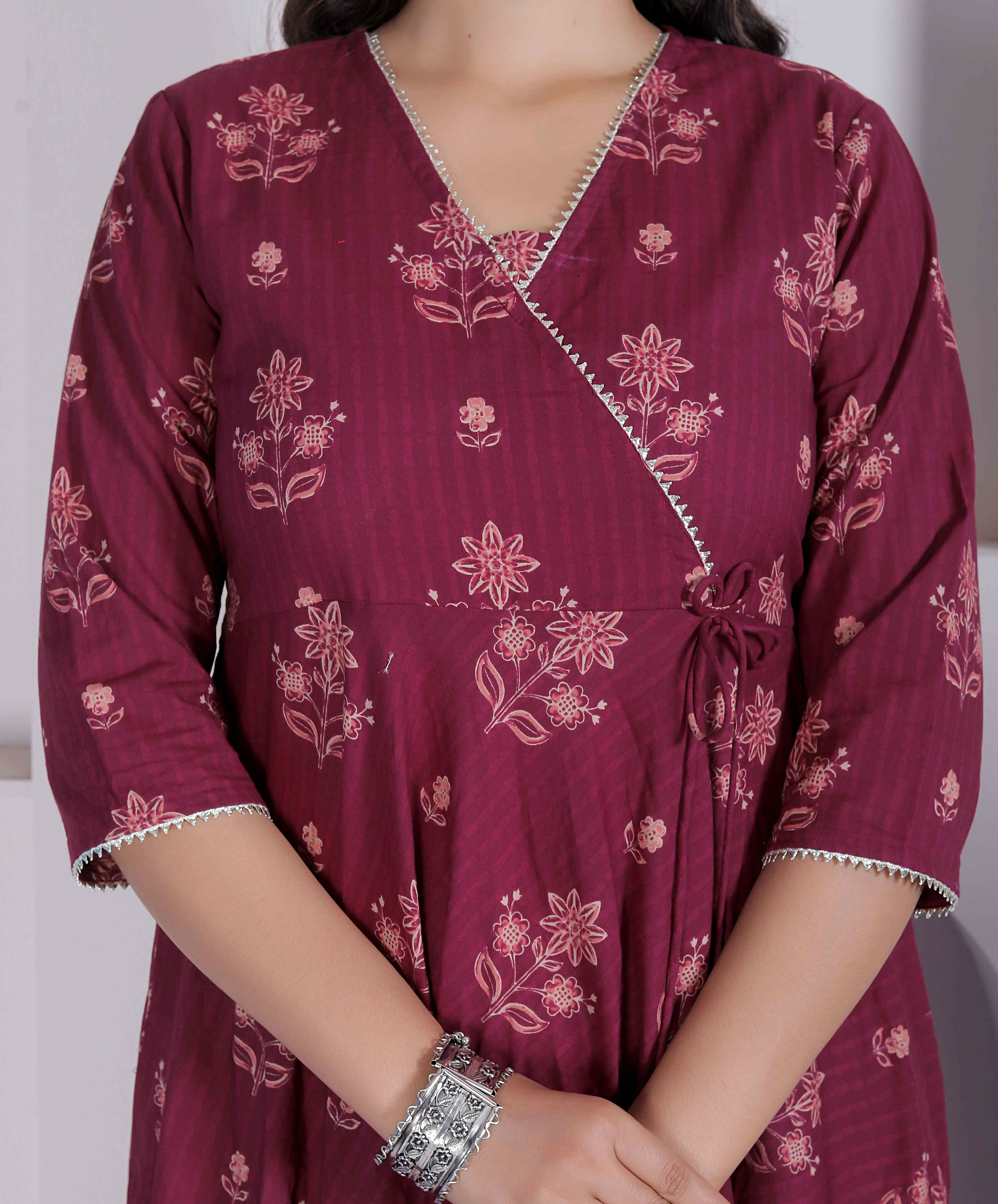 Miravan Womens Maroon Floral Printed Angrakha Style Kurta - Dista